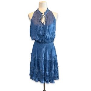Current Air Blue Halter Tie-Neck Tiered Crinkle Summer  Midi Dress  SZ L
